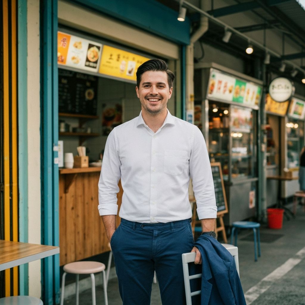 Singapore F&B founder smiling in front of their establishment
